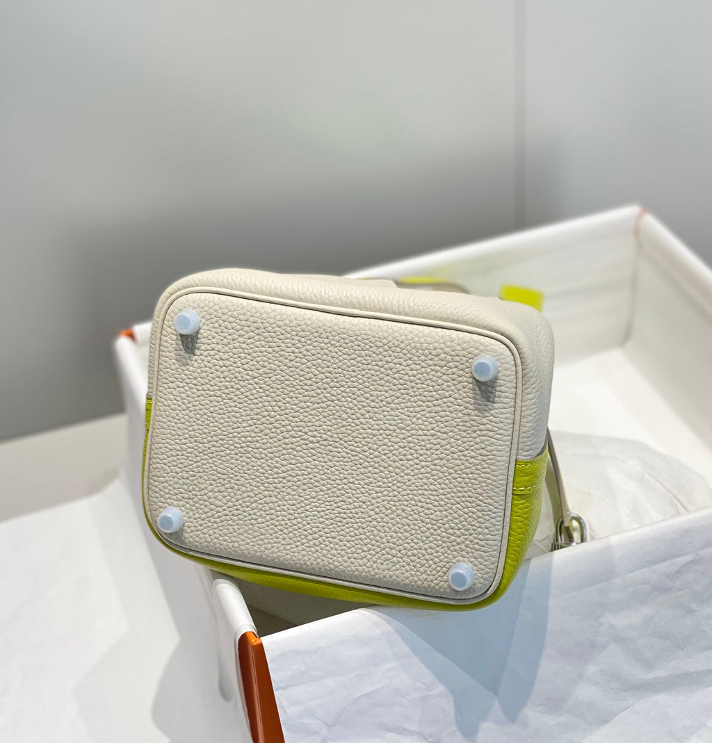 Hermes 25S Picotin Lock 18 in White and Lemon Yellow Calfskin Silver Hardware Bag