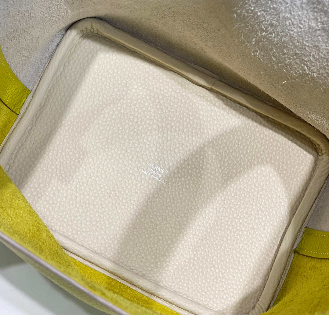 Hermes 25S Picotin Lock 18 in White and Lemon Yellow Calfskin Silver Hardware Bag