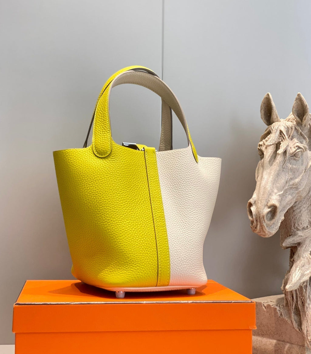 Hermes 25S Picotin Lock 18 in White and Lemon Yellow Calfskin Silver Hardware Bag