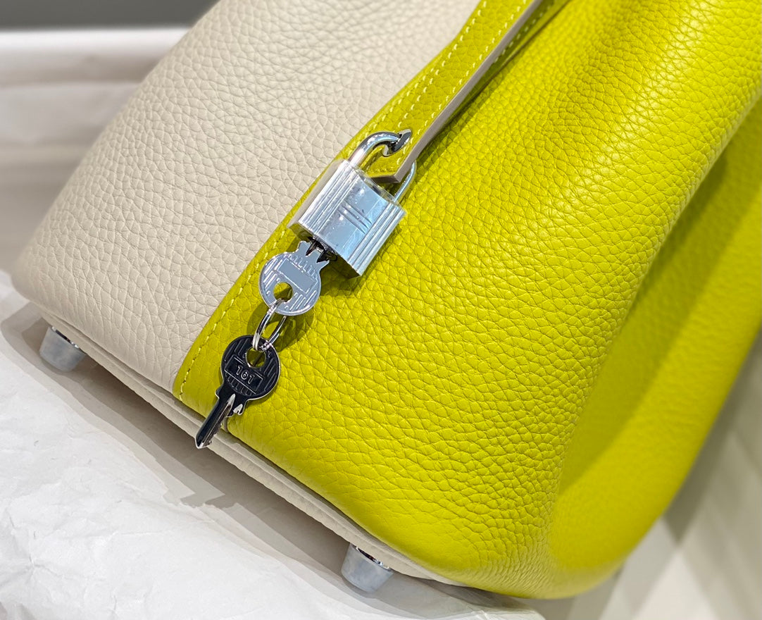 Hermes 25S Picotin Lock 18 in White and Lemon Yellow Calfskin Silver Hardware Bag