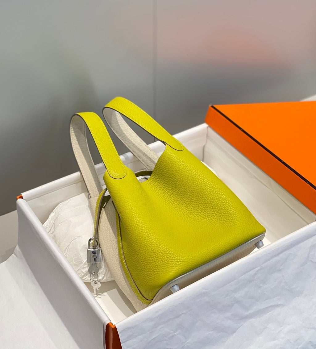 Hermes 25S Picotin Lock 18 in White and Lemon Yellow Calfskin Silver Hardware Bag