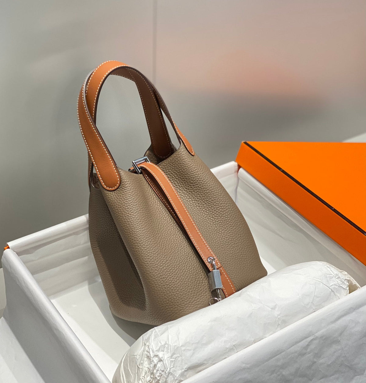 Hermes 25S Picotin Lock 18 in Burnt Orange and Brown Calfskin Silver Hardware Bag