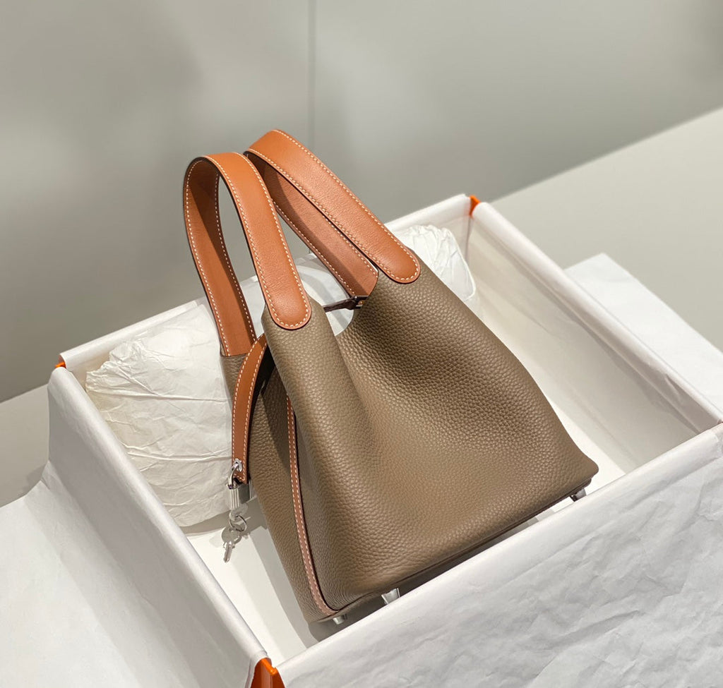 Hermes 25S Picotin Lock 18 in Burnt Orange and Brown Calfskin Silver Hardware Bag