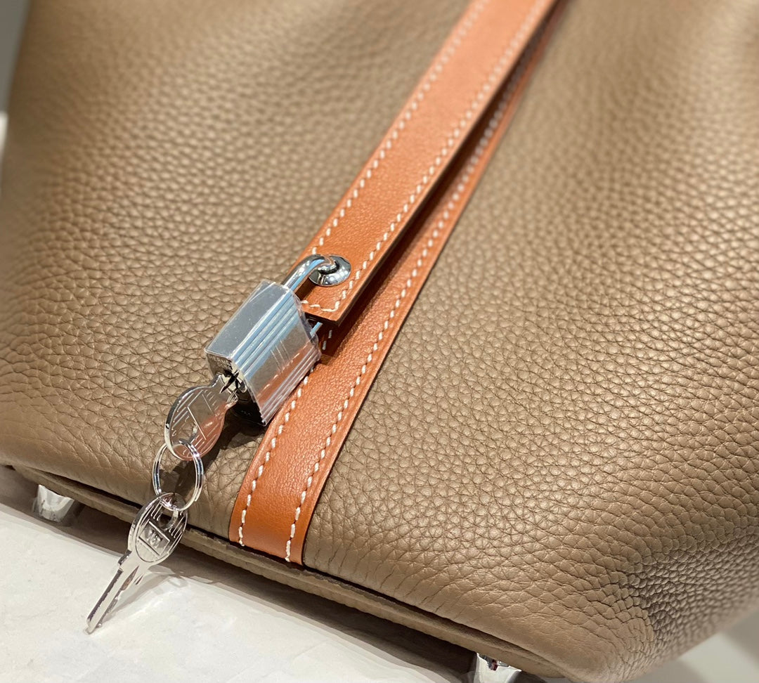 Hermes 25S Picotin Lock 18 in Burnt Orange and Brown Calfskin Silver Hardware Bag
