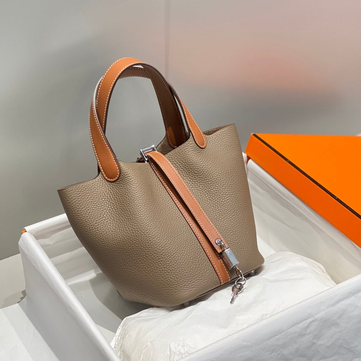 Hermes 25S Picotin Lock 18 in Burnt Orange and Brown Calfskin Silver Hardware Bag