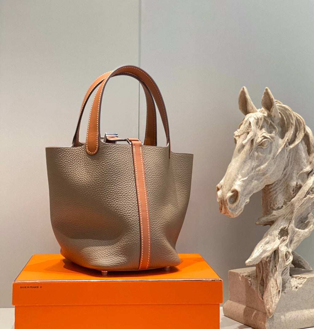 Hermes 25S Picotin Lock 18 in Burnt Orange and Brown Calfskin Silver Hardware Bag
