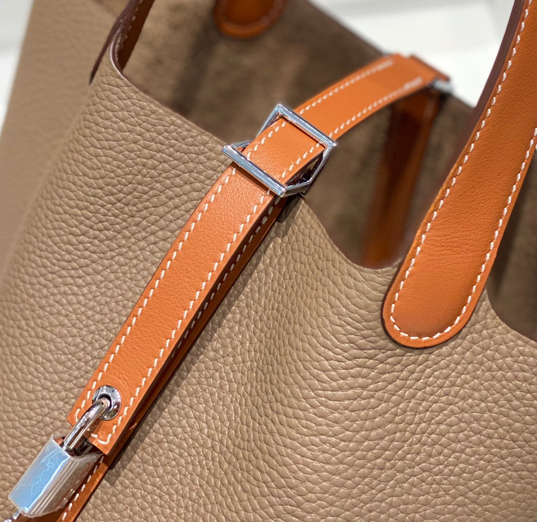 Hermes 25S Picotin Lock 18 in Burnt Orange and Brown Calfskin Silver Hardware Bag