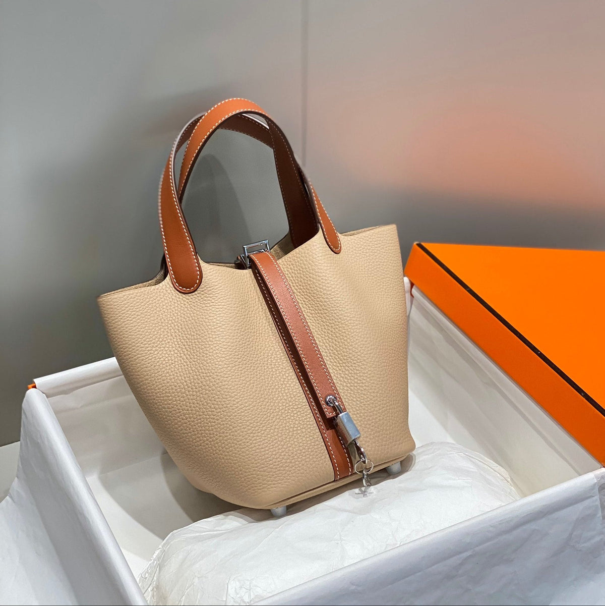 Hermes 25S Picotin Lock 18 in Burnt Orange and Light Brown Calfskin Silver Hardware Bag