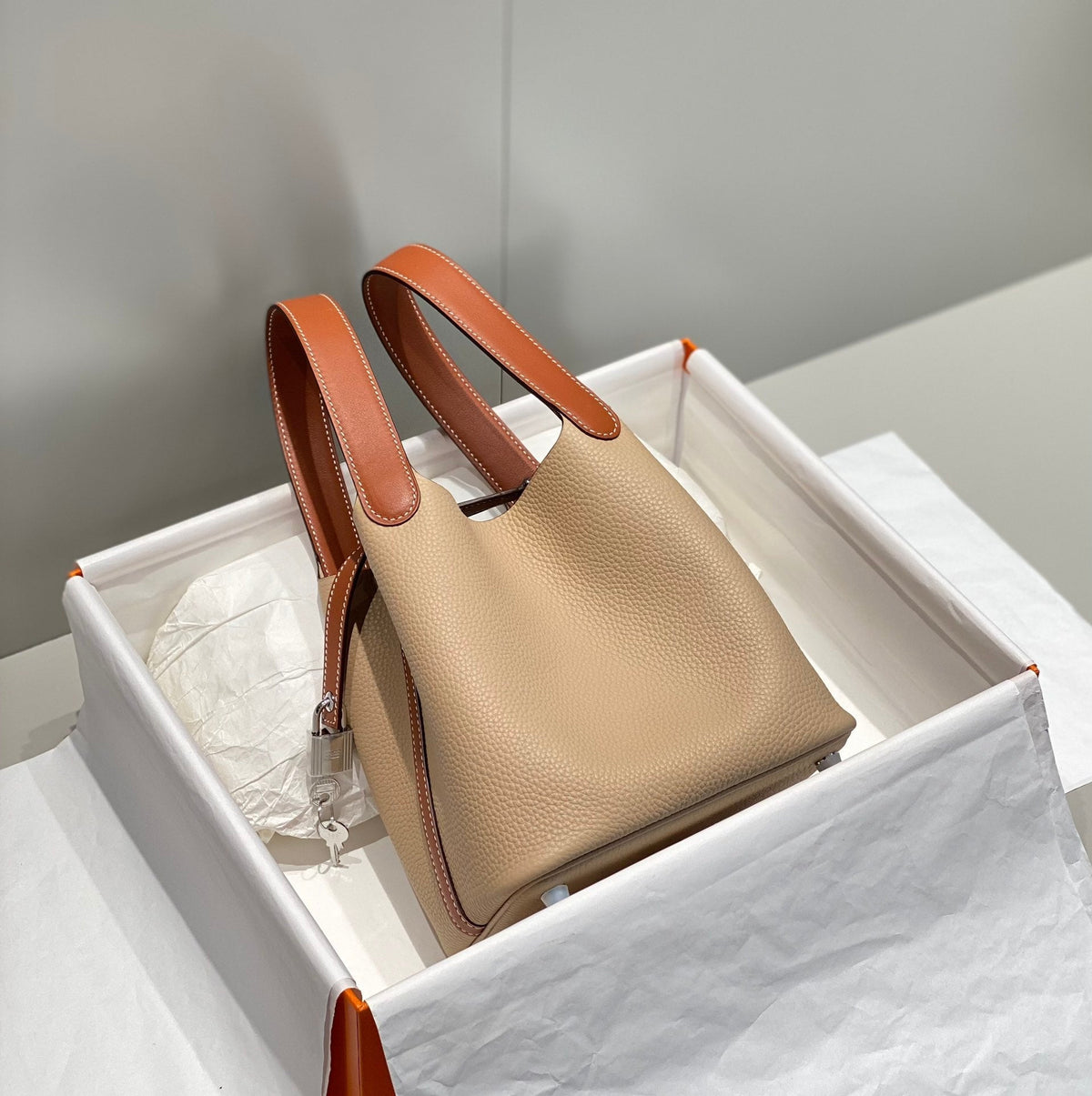 Hermes 25S Picotin Lock 18 in Burnt Orange and Light Brown Calfskin Silver Hardware Bag