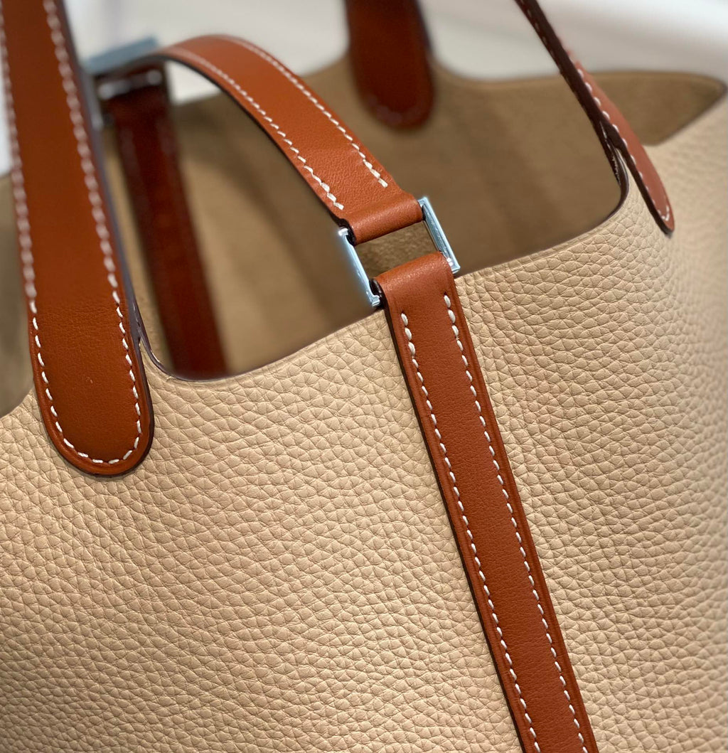 Hermes 25S Picotin Lock 18 in Burnt Orange and Light Brown Calfskin Silver Hardware Bag