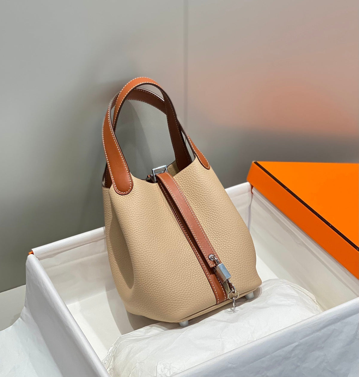 Hermes 25S Picotin Lock 18 in Burnt Orange and Light Brown Calfskin Silver Hardware Bag
