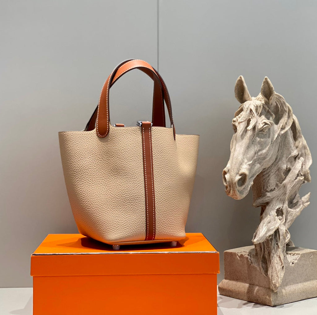 Hermes 25S Picotin Lock 18 in Burnt Orange and Light Brown Calfskin Silver Hardware Bag