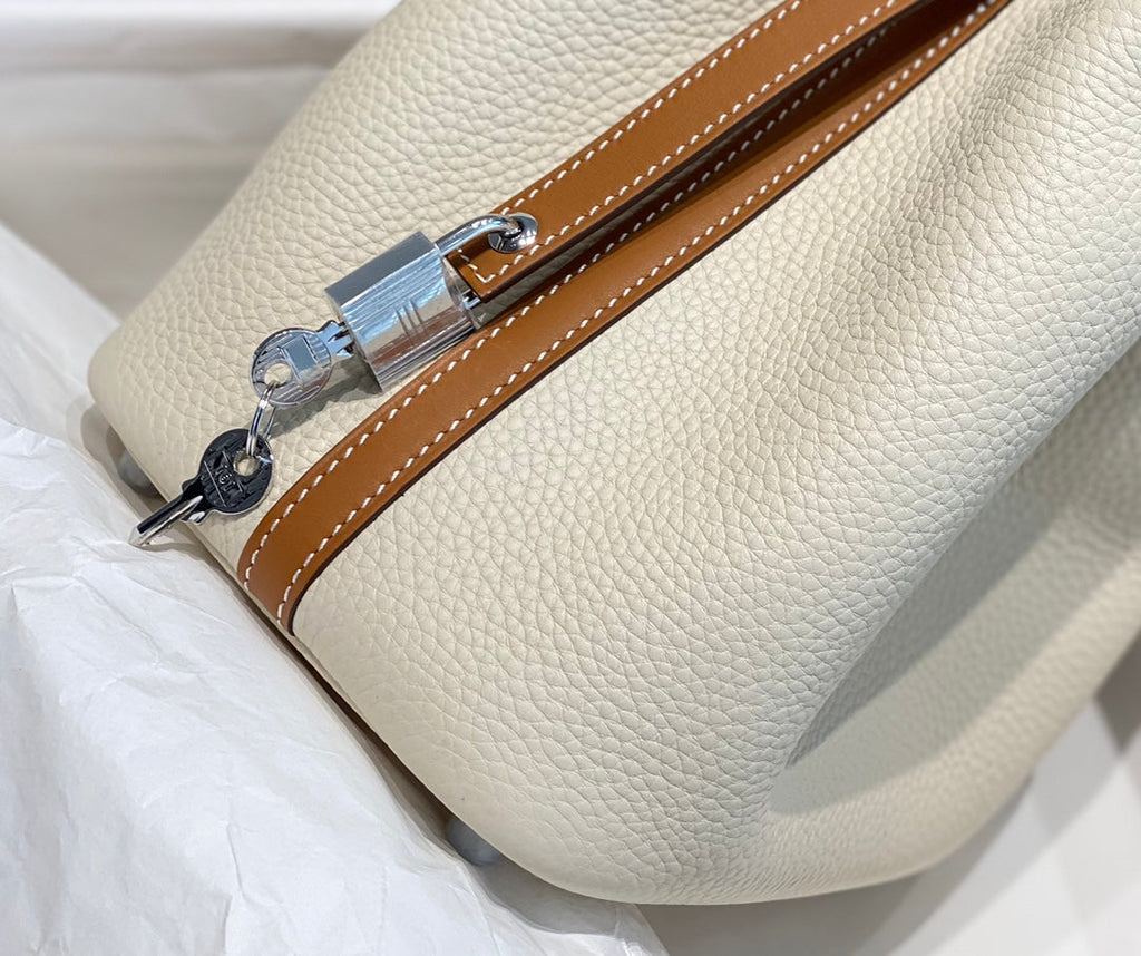 Hermes 25S Picotin Lock 18 in Burnt Orange and Ivory Calfskin Silver Hardware Bag