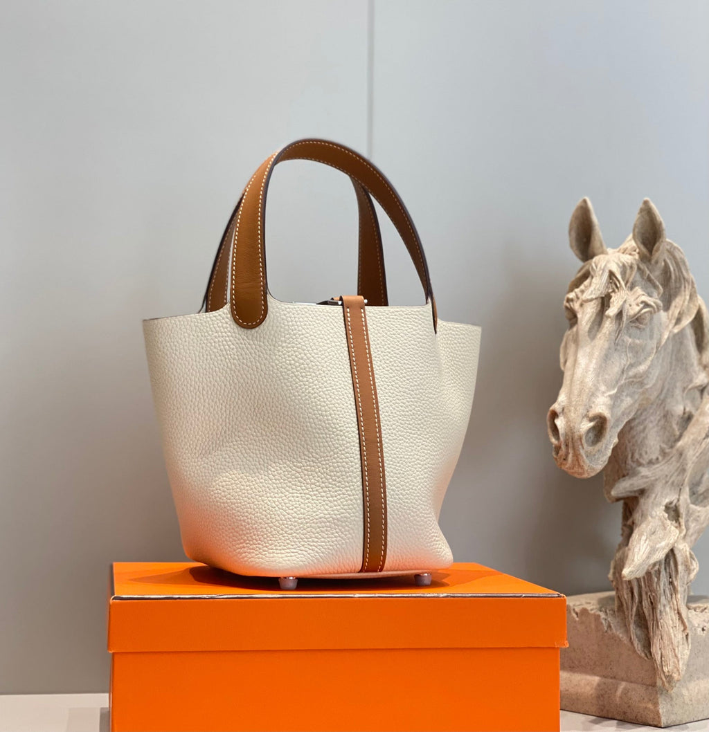 Hermes 25S Picotin Lock 18 in Burnt Orange and Ivory Calfskin Silver Hardware Bag