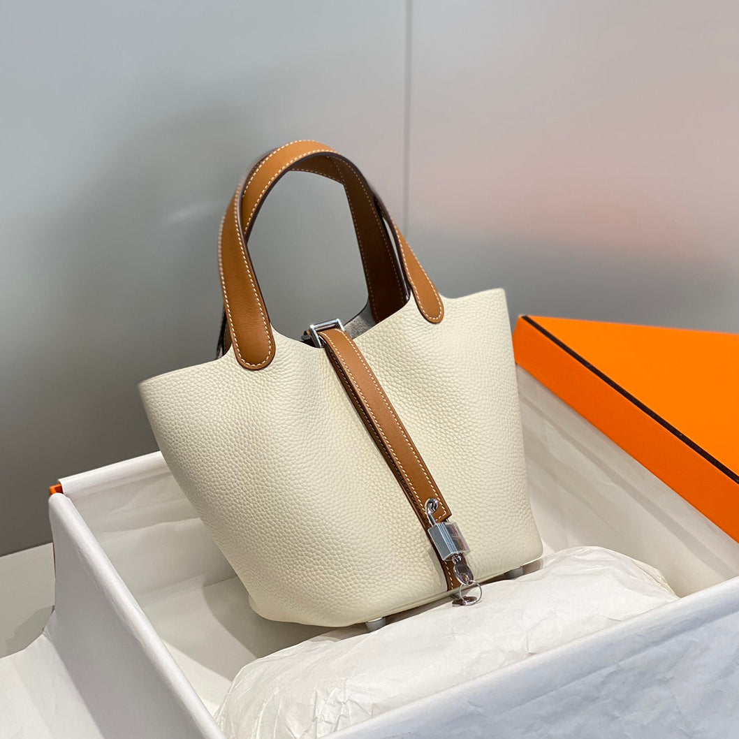Hermes 25S Picotin Lock 18 in Burnt Orange and Ivory Calfskin Silver Hardware Bag