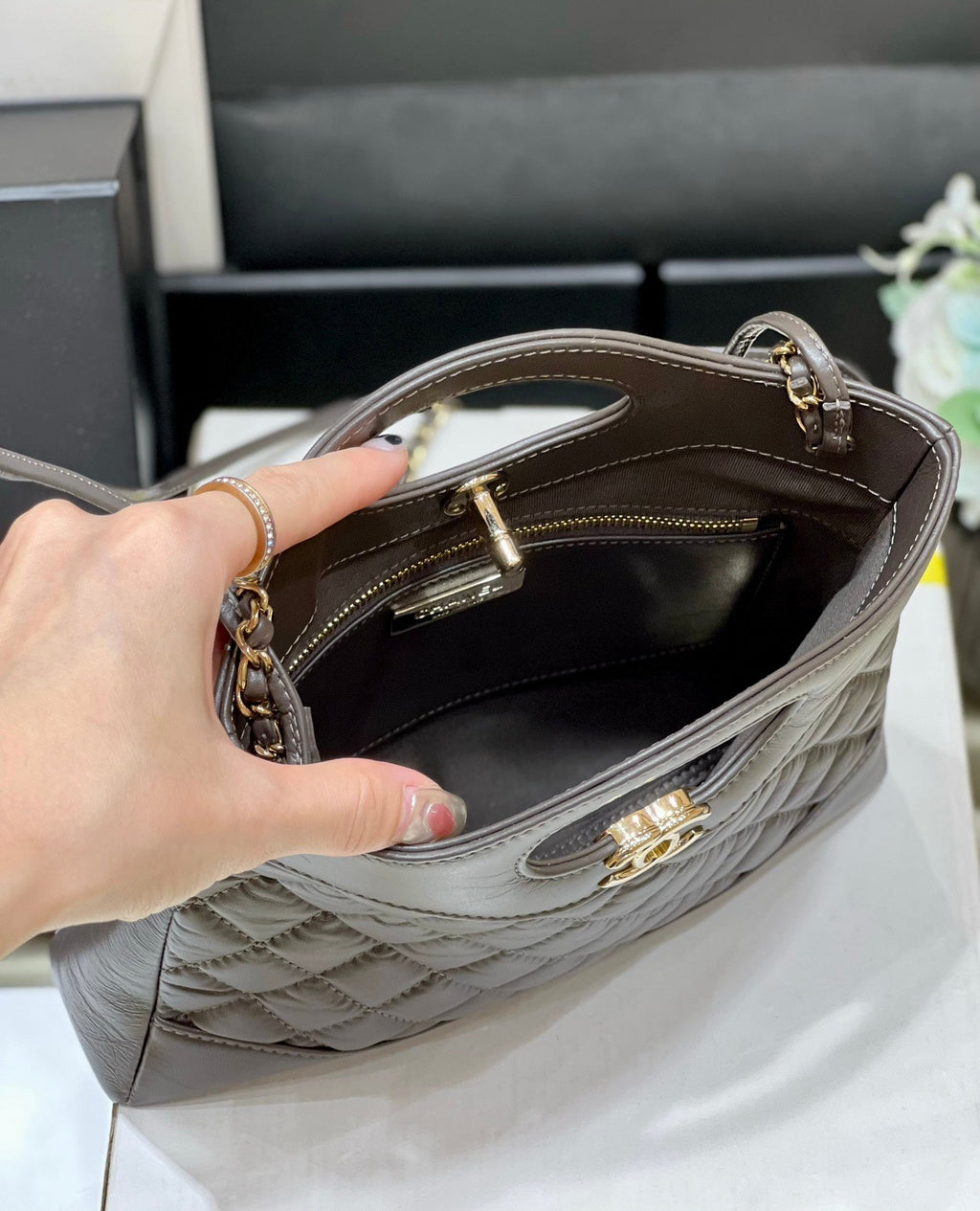 Chanel 25S Mini Shopping Bag 23 in Dark Taupe Calfskin