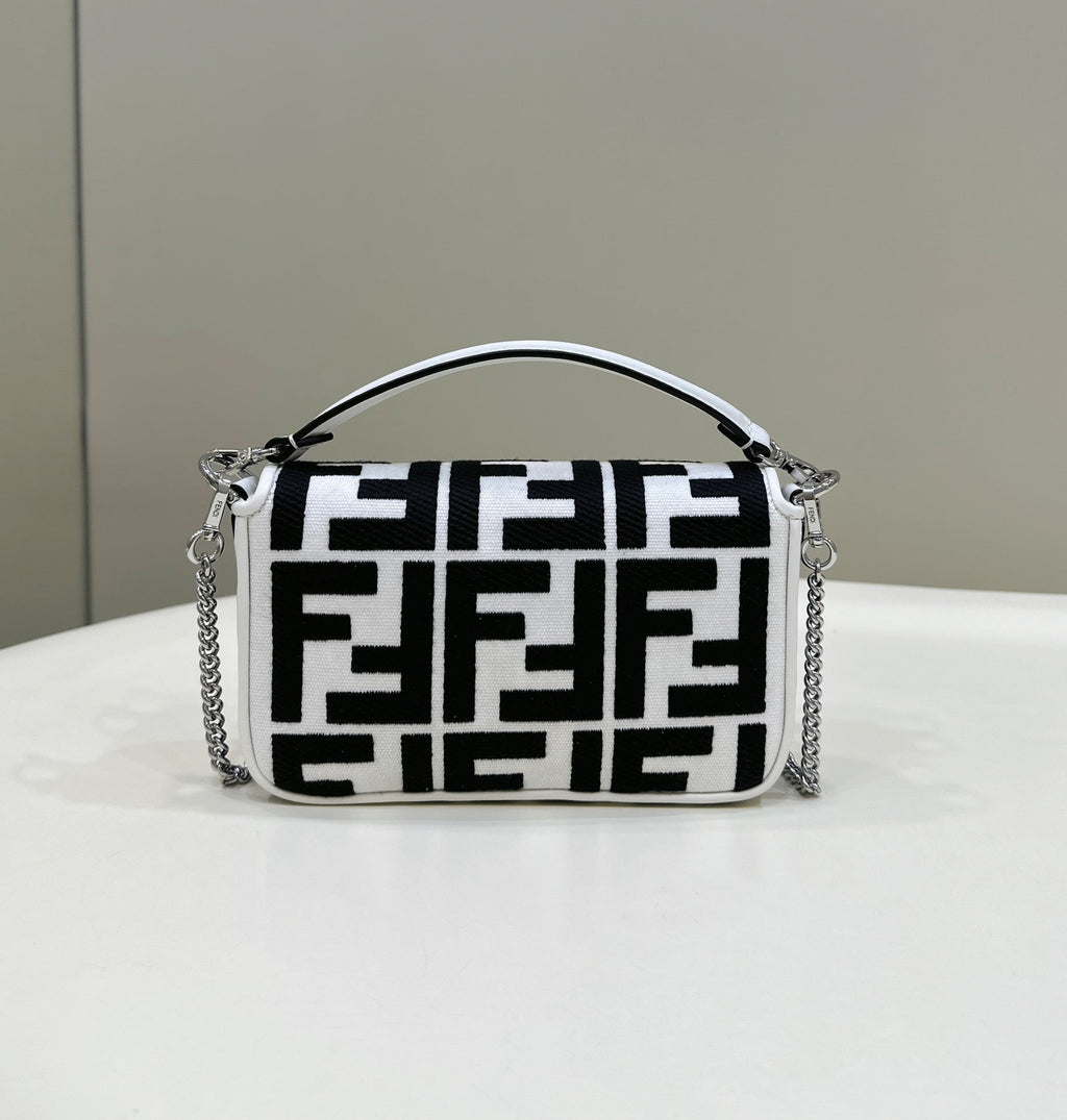 Fendi 19 Baguette Bag in Black Mix White Canvas with Gold Hardware