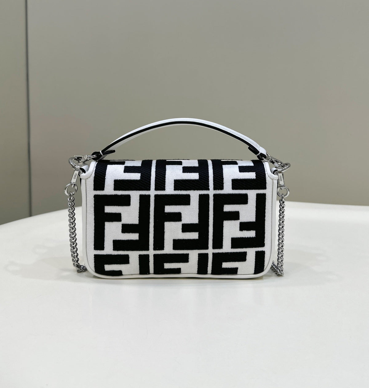 Fendi 19 Baguette Bag in Black Mix White Canvas with Gold Hardware