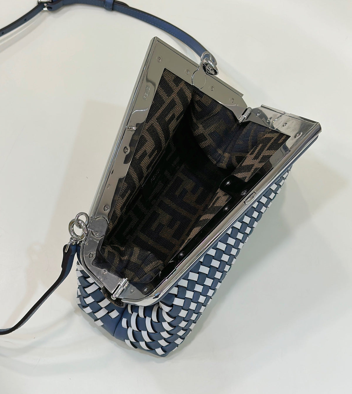 Fendi 26 First Small in Midnight Blue Mix White Calfskin Silver Hardware Bag