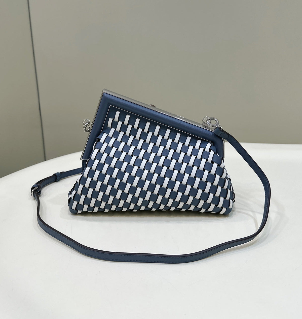 Fendi 26 First Small in Midnight Blue Mix White Calfskin Silver Hardware Bag
