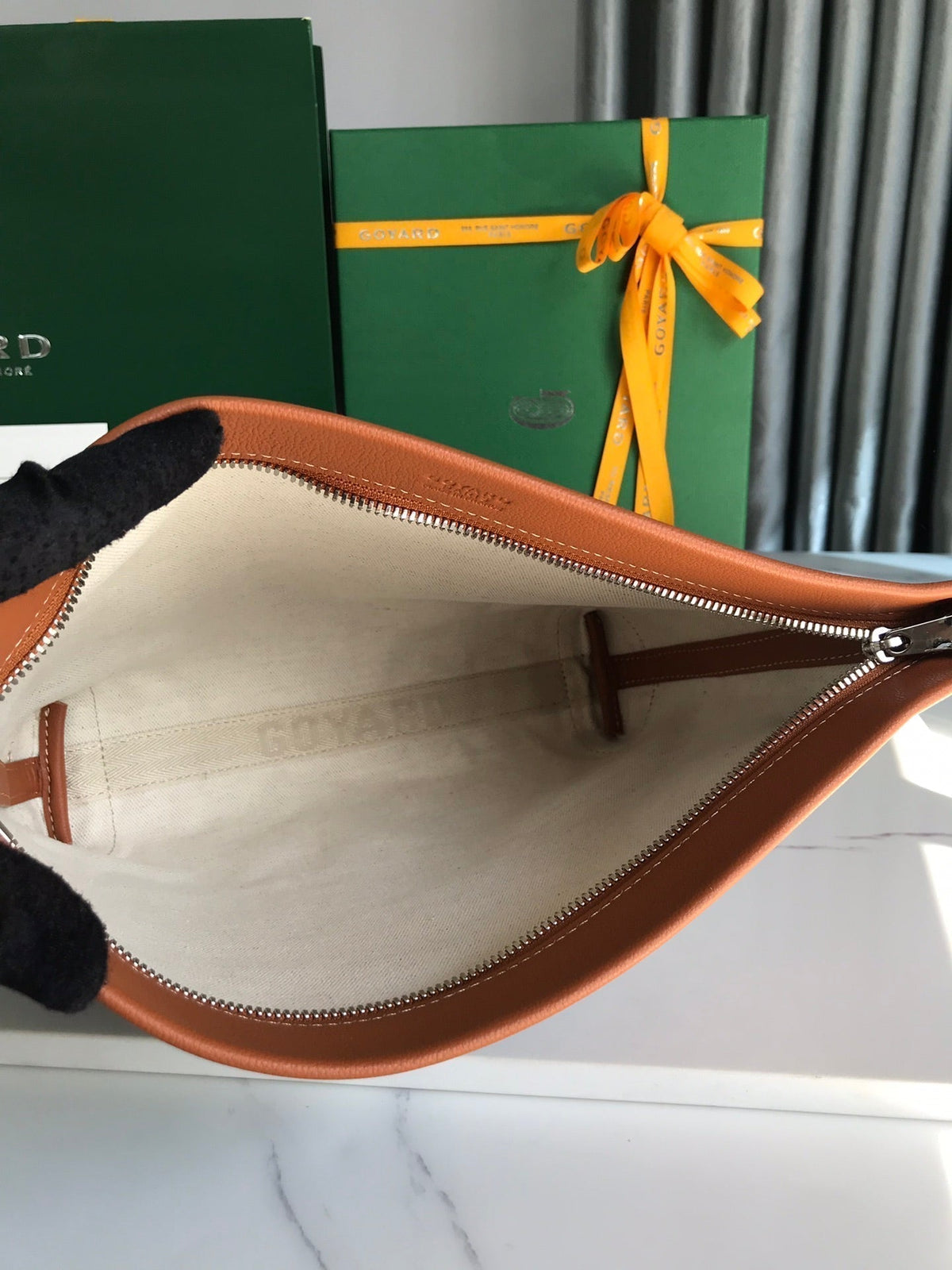 Goyard Conti Pouch 24 in Tan Lambskin and Black Goyardine Canvas