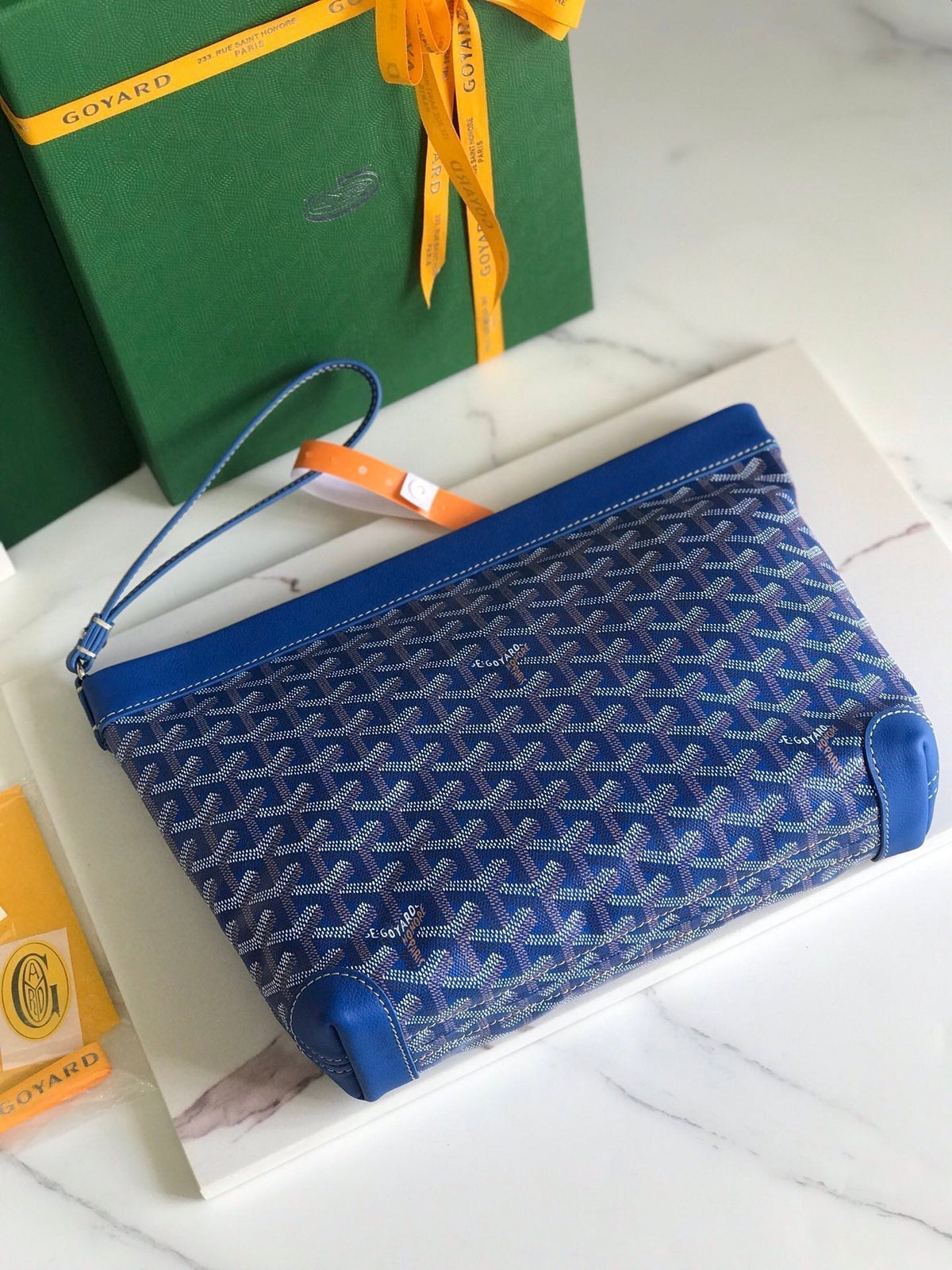 Goyard Conti Pouch 24 in Sapphire Blue Lambskin and Goyardine Canvas