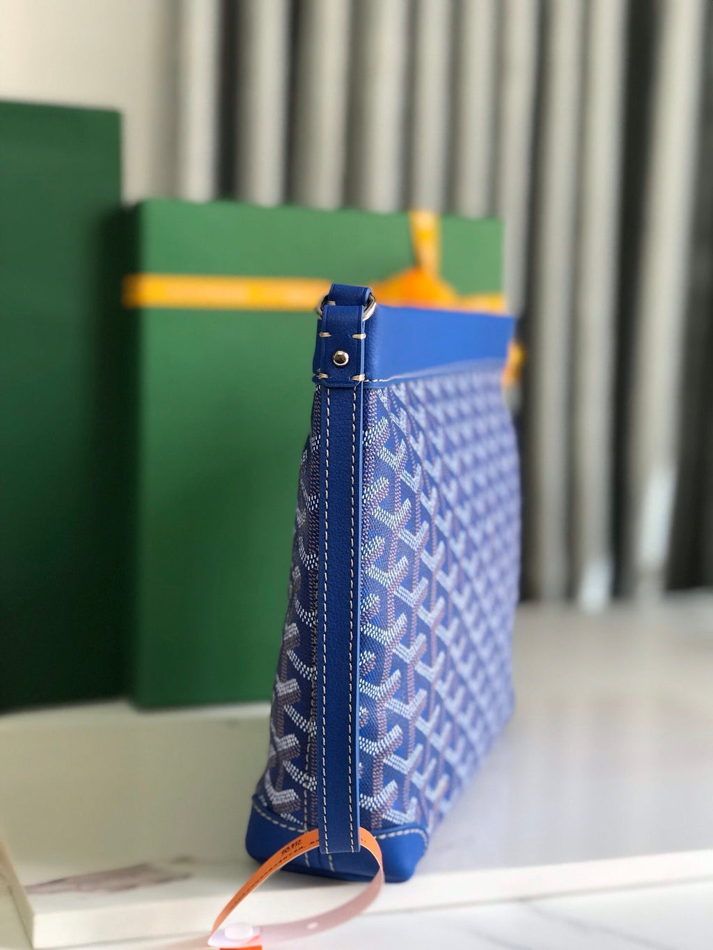 Goyard Conti Pouch 24 in Sapphire Blue Lambskin and Goyardine Canvas