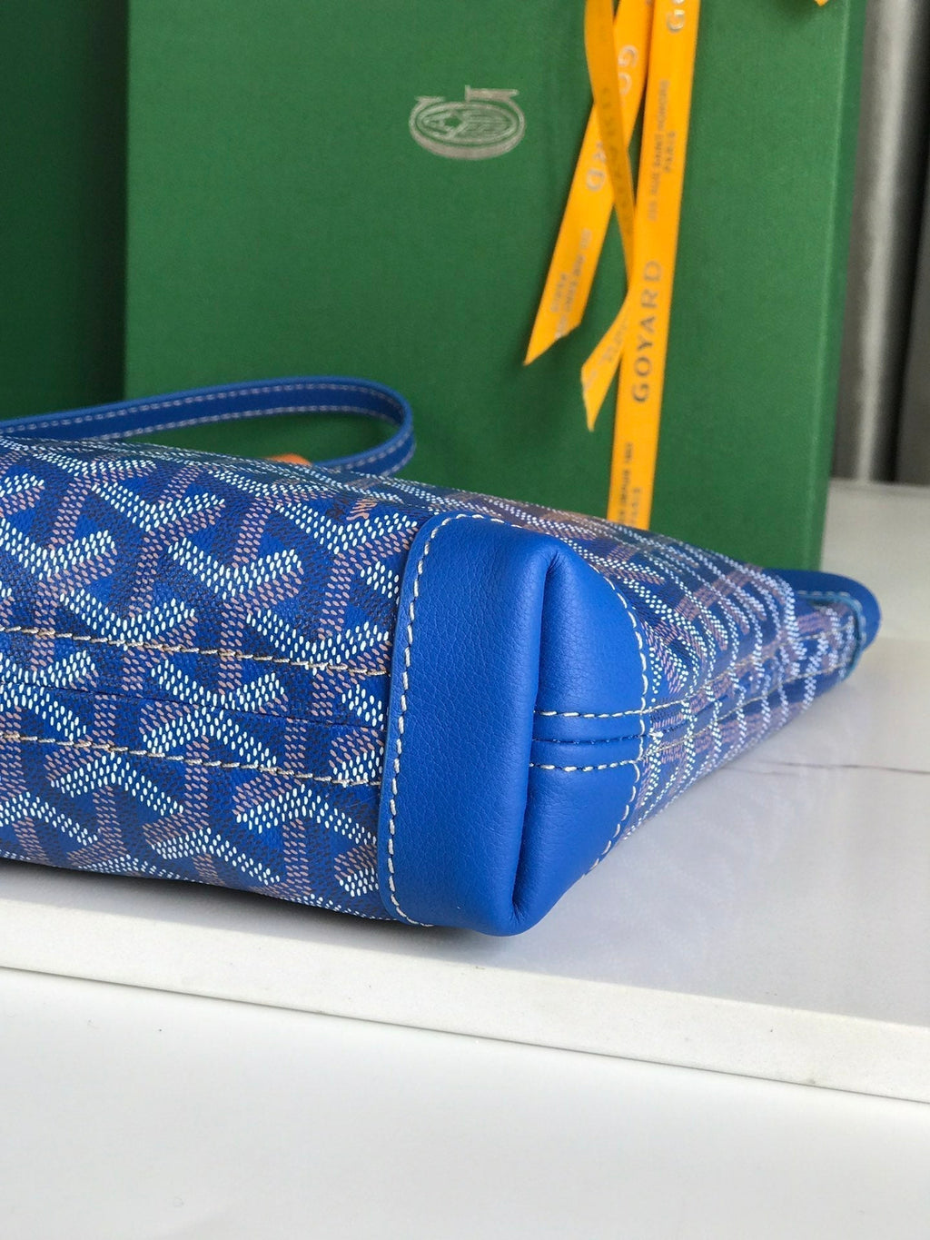 Goyard Conti Pouch 24 in Sapphire Blue Lambskin and Goyardine Canvas