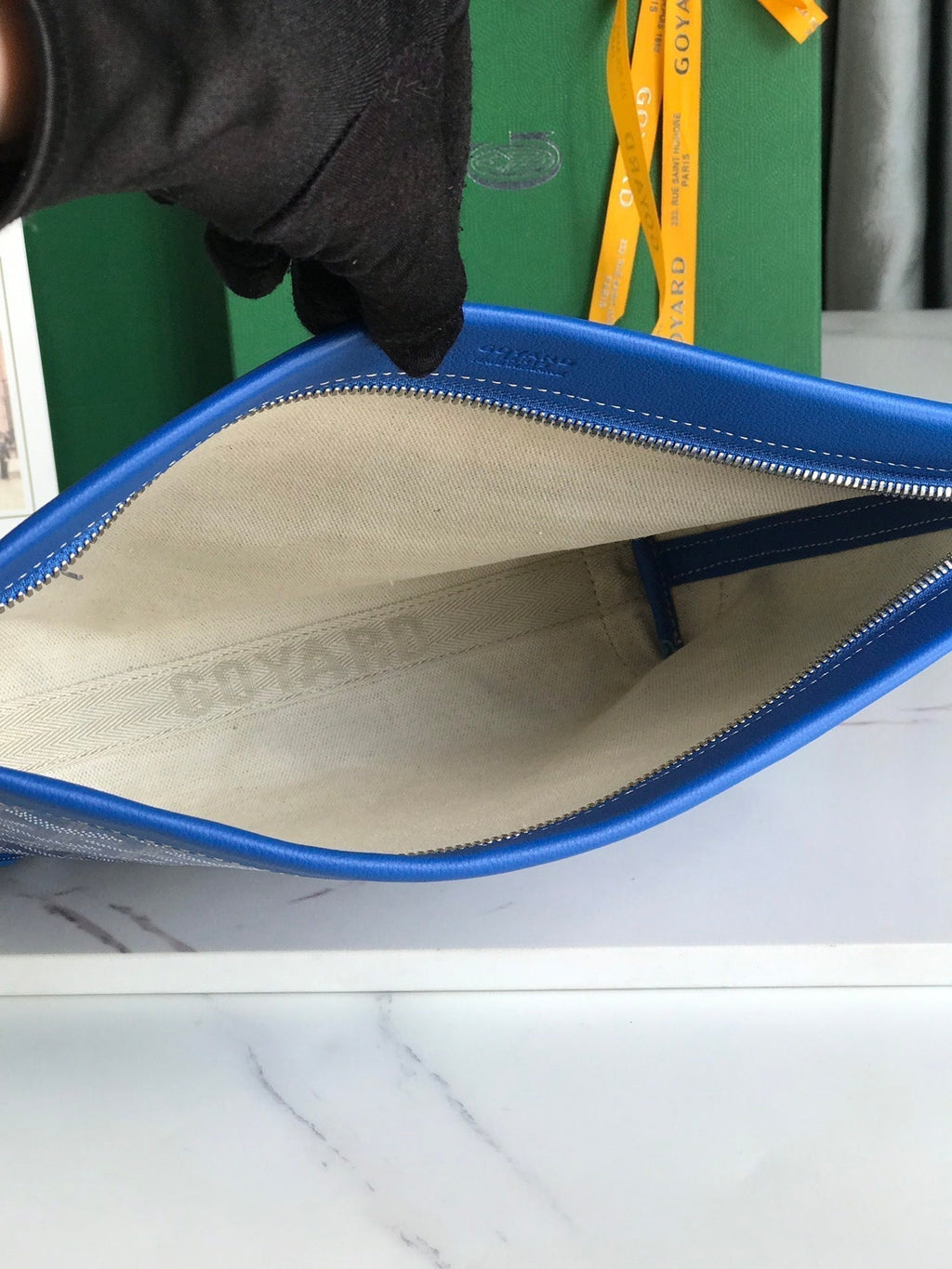 Goyard Conti Pouch 24 in Sapphire Blue Lambskin and Goyardine Canvas