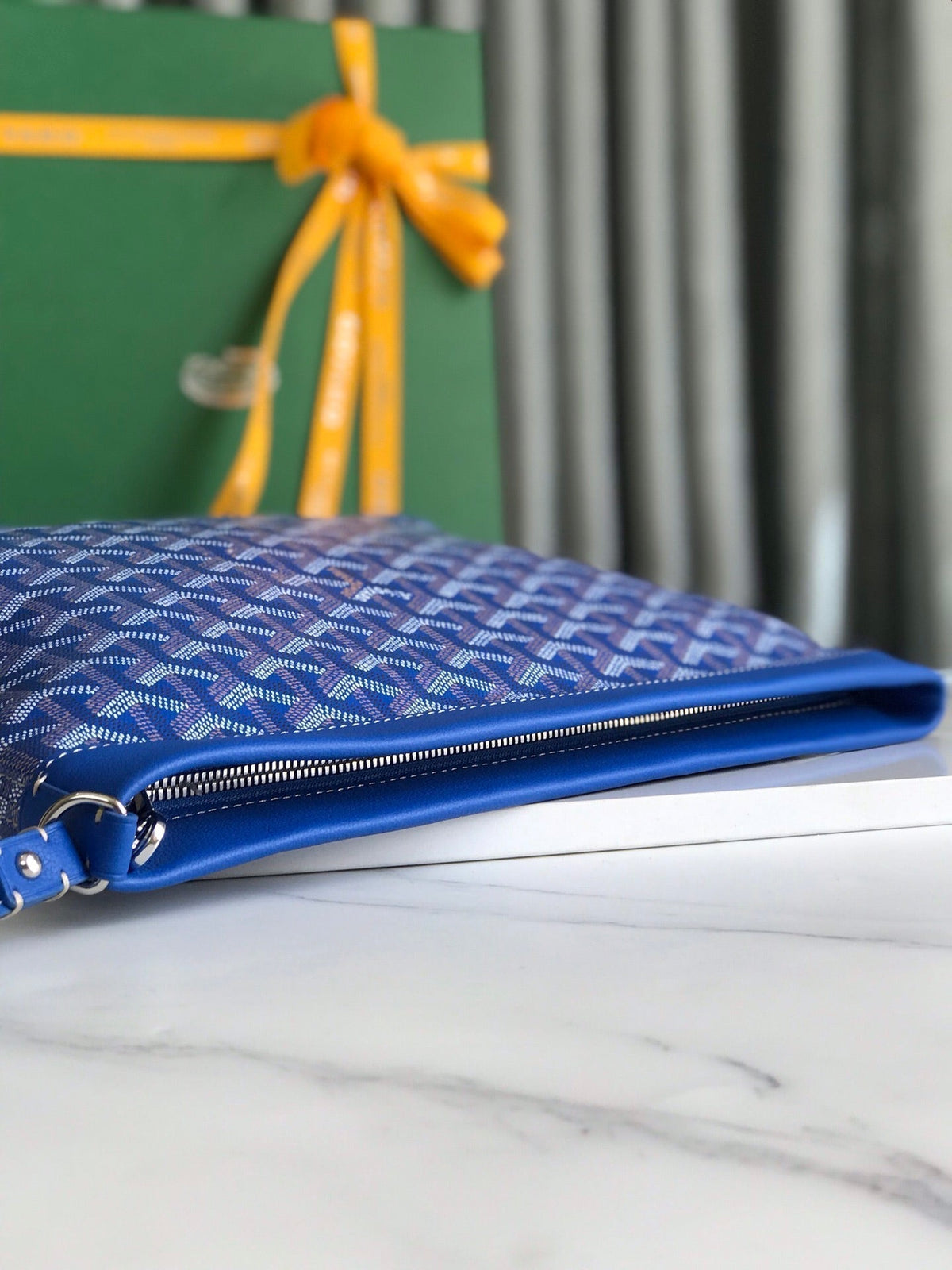 Goyard Conti Pouch 24 in Sapphire Blue Lambskin and Goyardine Canvas
