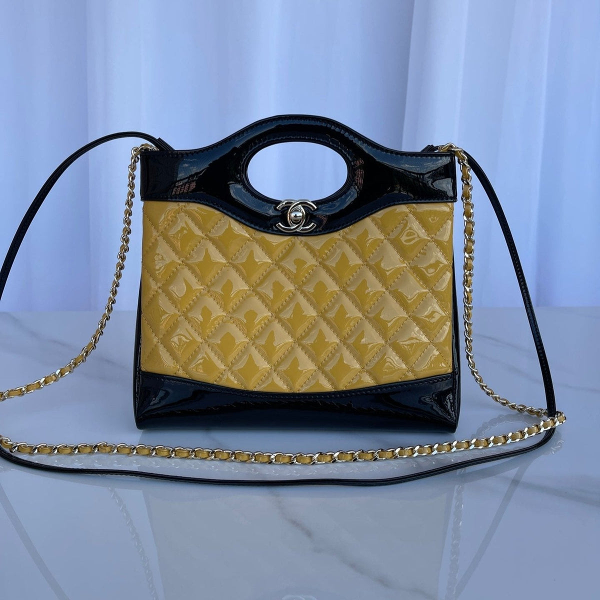 Chanel Mini 23 Shopping Bag in Glossy Black Mix Mustard Yellow Calfskin