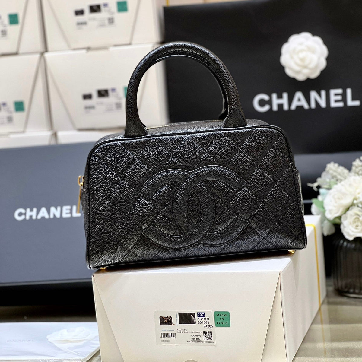 Chanel 25S Quilted Caviar Bowling Bag 27 in Black Calfskin