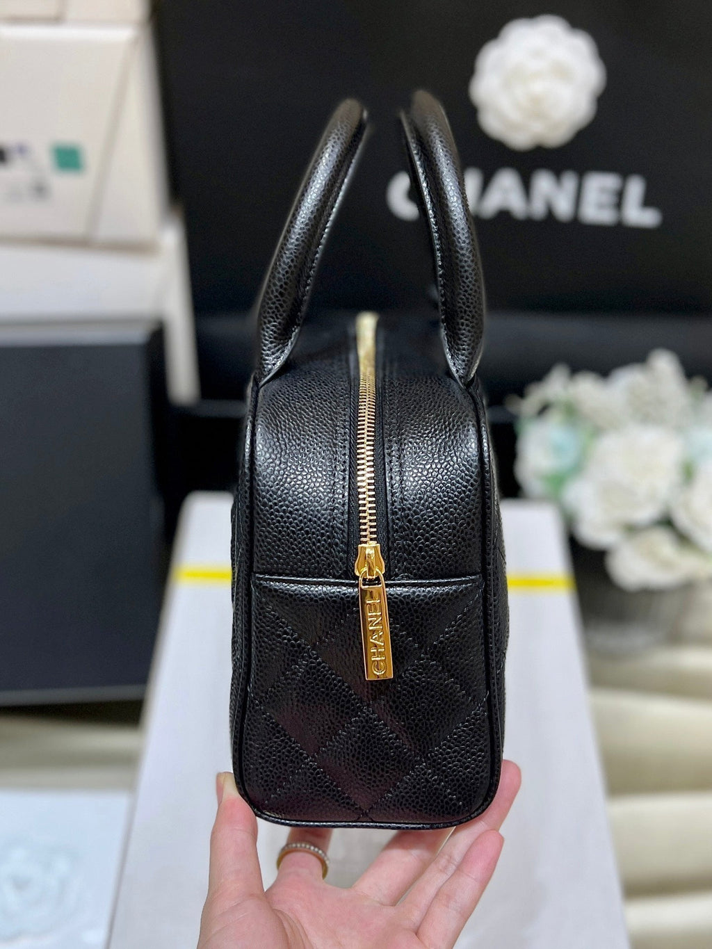 Chanel 25S Quilted Caviar Bowling Bag 27 in Black Calfskin