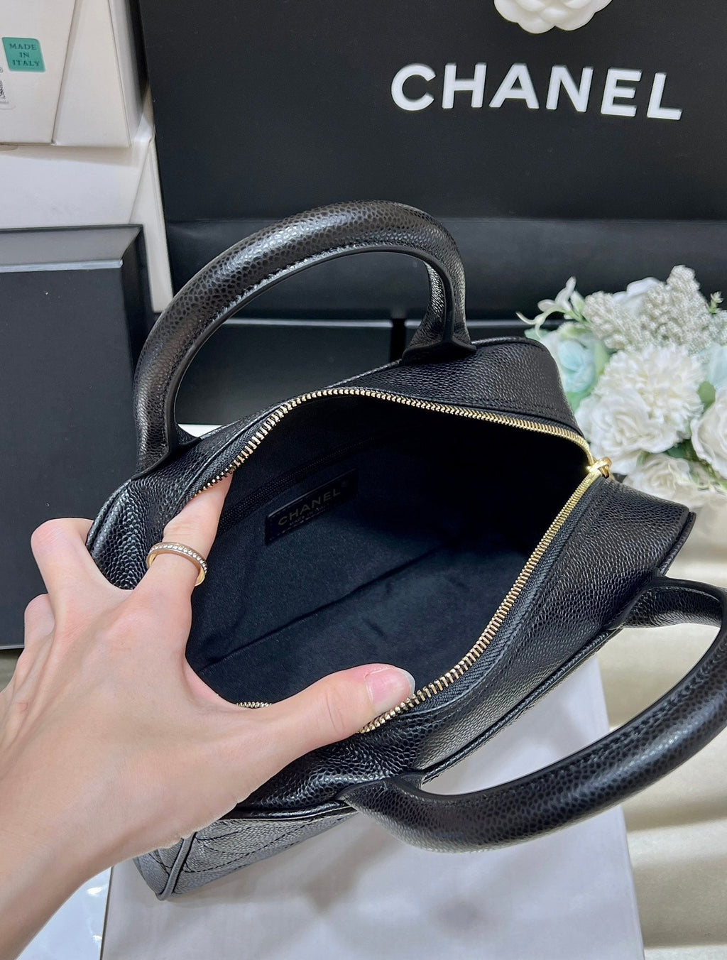 Chanel 25S Quilted Caviar Bowling Bag 27 in Black Calfskin