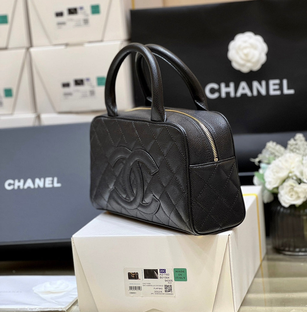 Chanel 25S Quilted Caviar Bowling Bag 27 in Black Calfskin