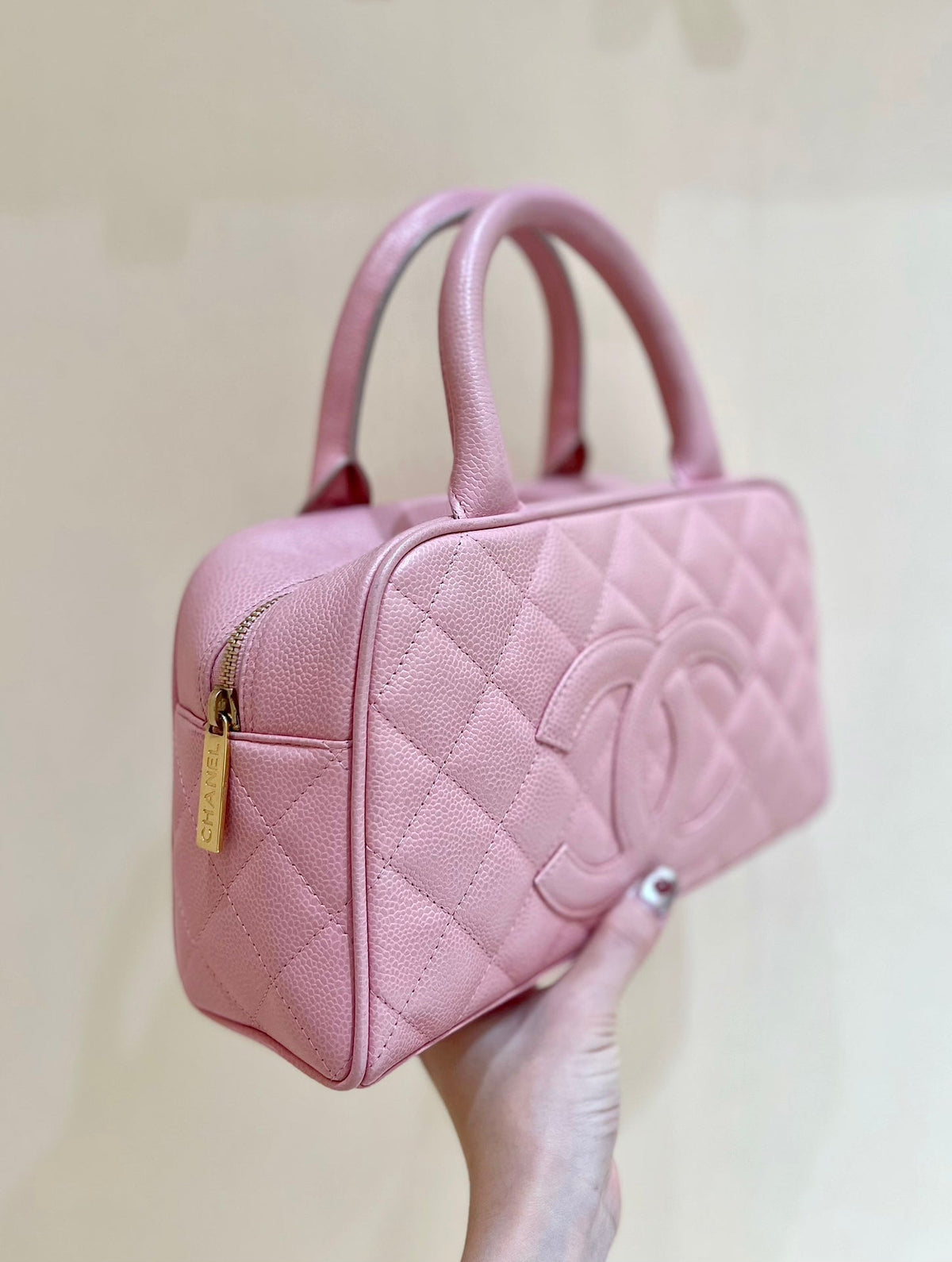 Chanel 25S Quilted Caviar Bowling Bag 27 in Pink Calfskin