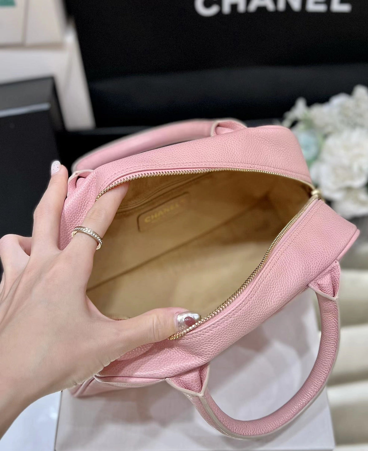 Chanel 25S Quilted Caviar Bowling Bag 27 in Pink Calfskin