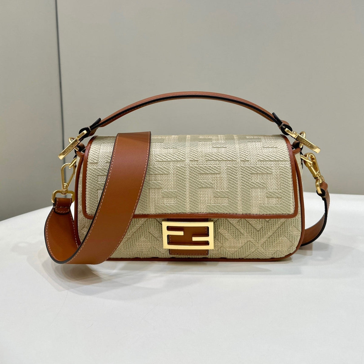Fend Baguette Tan Beige Canvas Bag 27 with Ff Embroidery Ghw