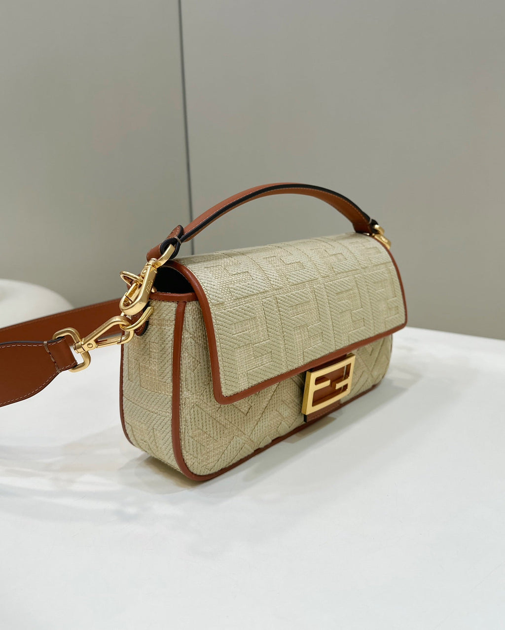 Fend Baguette Tan Beige Canvas Bag 27 with Ff Embroidery Ghw