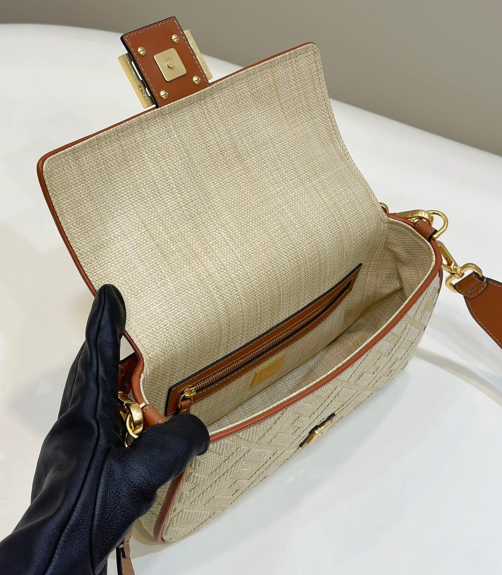 Fend Baguette Tan Beige Canvas Bag 27 with Ff Embroidery Ghw