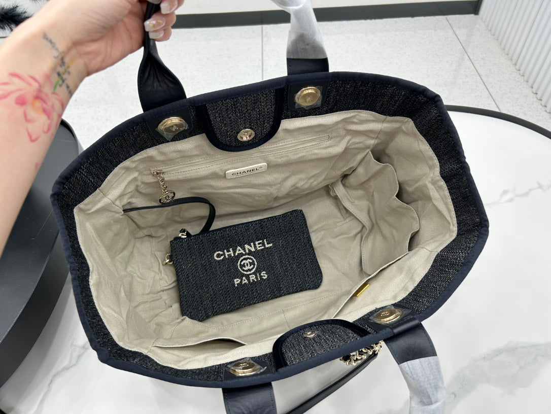 Chanel Deauville Large 38 Tote Bag in Dark Navy Canvas with White Logo Embroidered