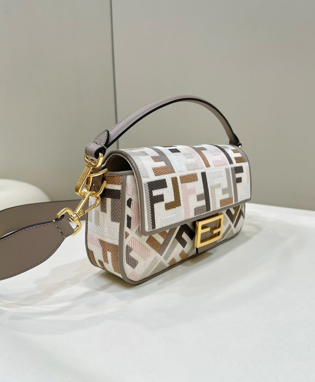 Baguette Canvas 27 Bag Grey Strap with Multicolour Embroidery Gold Hardware