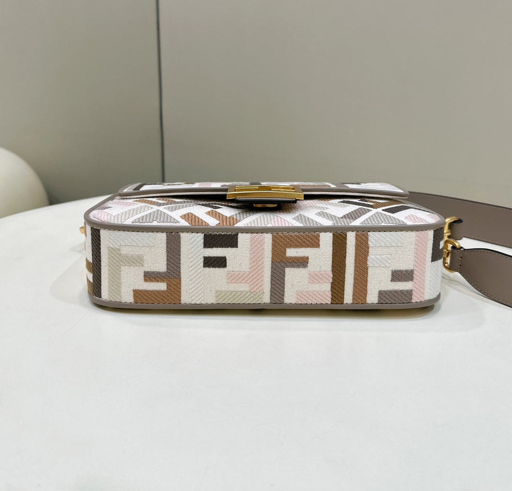 Baguette Canvas 27 Bag Grey Strap with Multicolour Embroidery Gold Hardware
