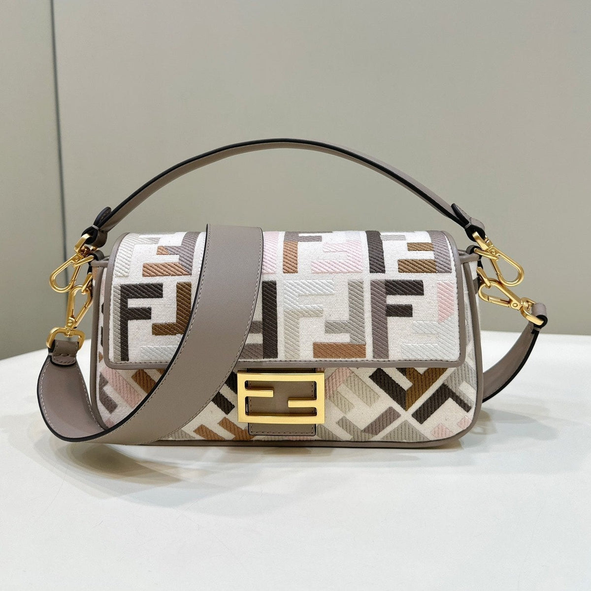 Baguette Canvas 27 Bag Grey Strap with Multicolour Embroidery Gold Hardware