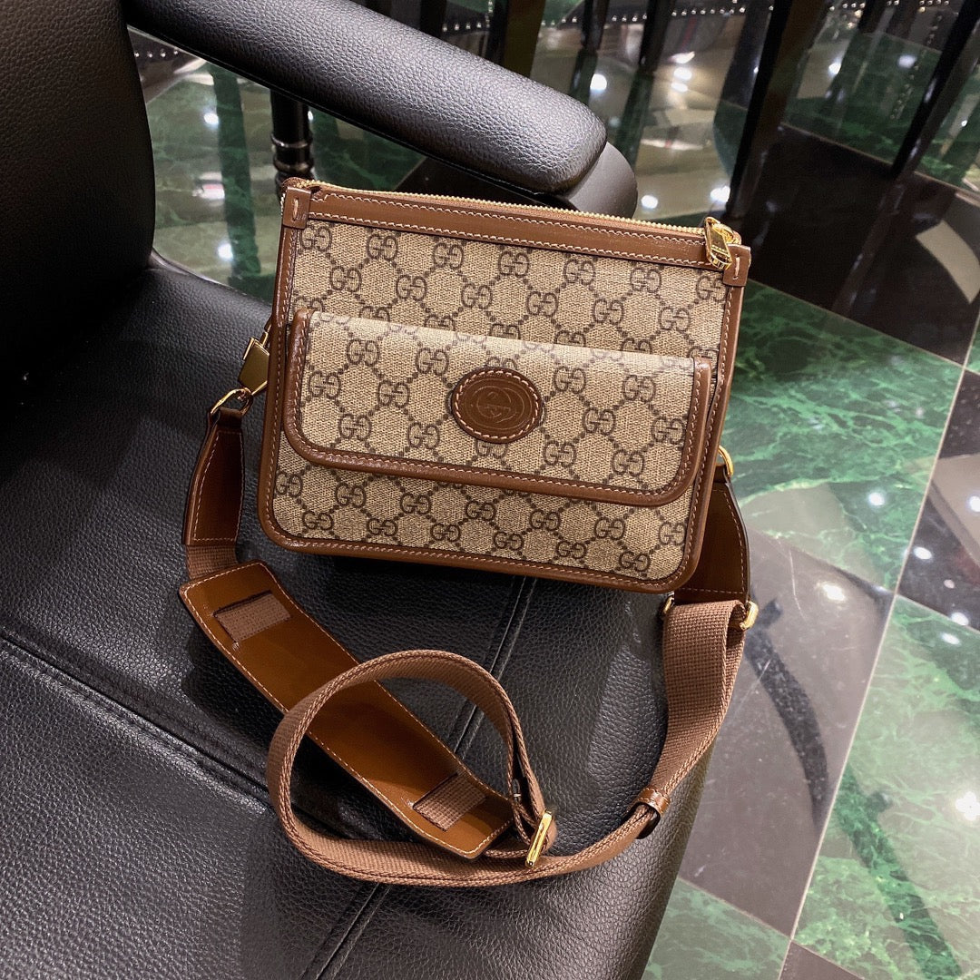 Gucci Small 21 Crossbody Bag with Tag in Beige Canvas and Brown Calfskin
