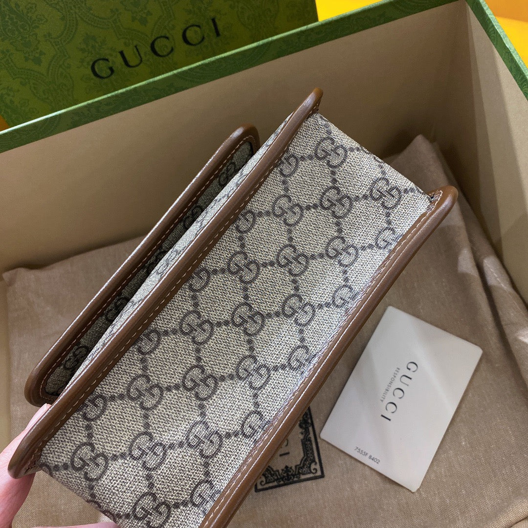 Gucci Small 21 Crossbody Bag with Tag in Beige Canvas and Brown Calfskin