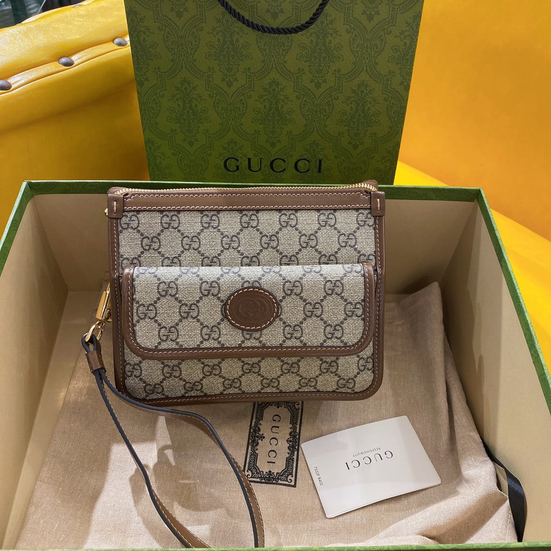 Gucci Small 21 Crossbody Bag with Tag in Beige Canvas and Brown Calfskin
