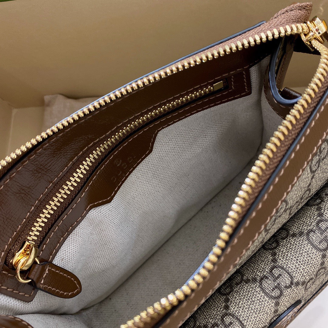 Gucci Small 21 Crossbody Bag with Tag in Beige Canvas and Brown Calfskin