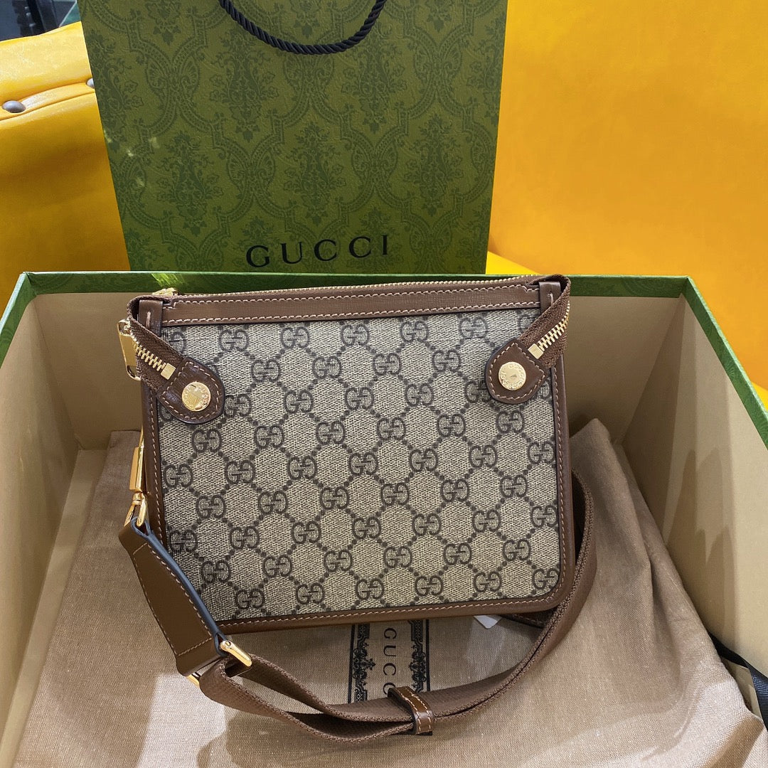 Gucci Small 21 Crossbody Bag with Tag in Beige Canvas and Brown Calfskin