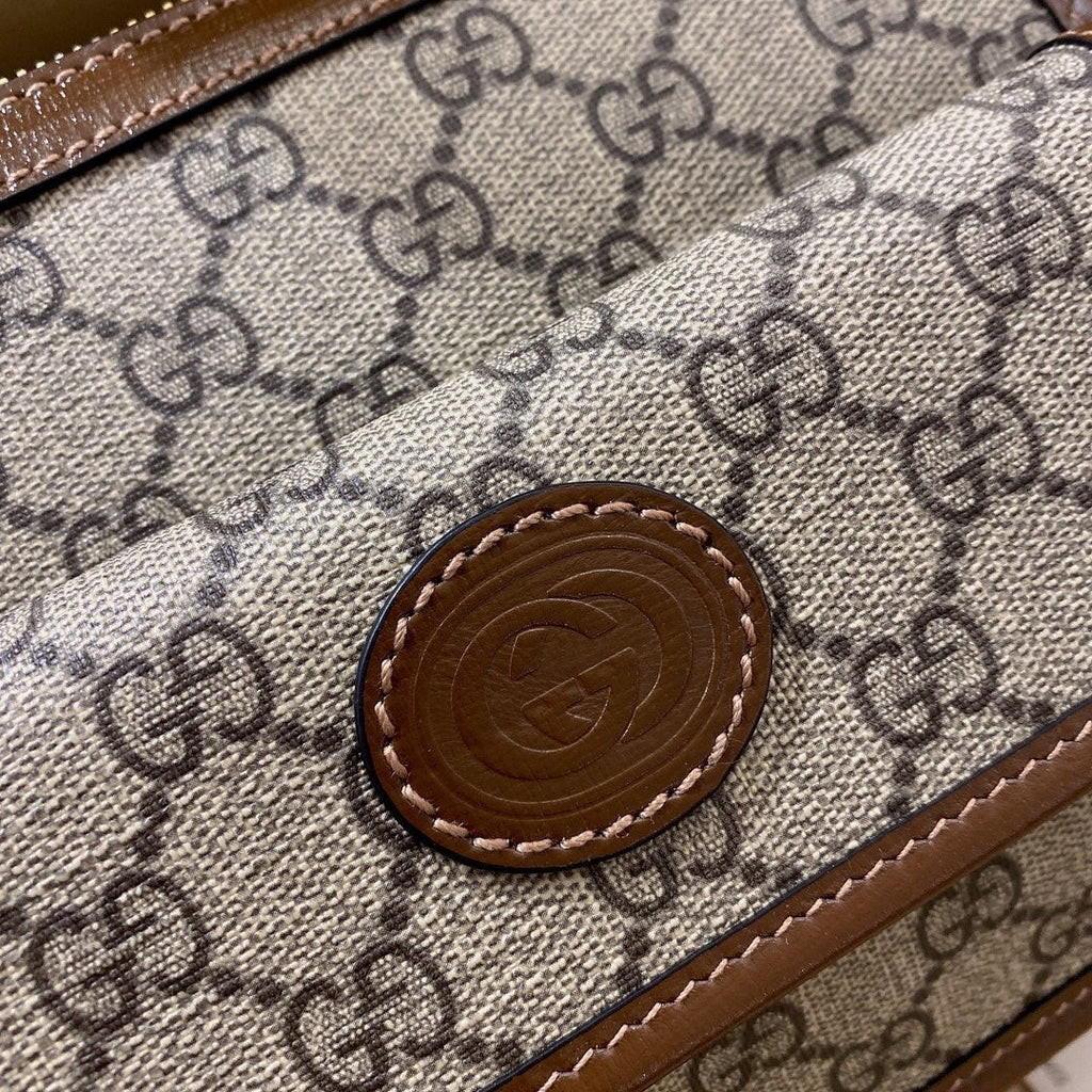 Gucci Small 21 Crossbody Bag with Tag in Beige Canvas and Brown Calfskin